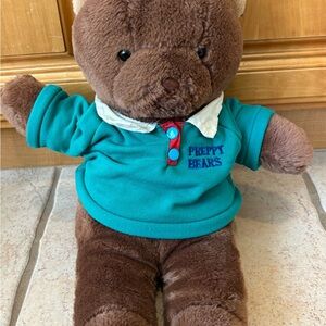 Vintage Preppy Bear Plush 1986 Stuffed Brown Teal Teddy Bear